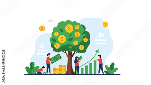 Financial investment and growth concept with people caring for a money tree that has gold coins instead of leaves.