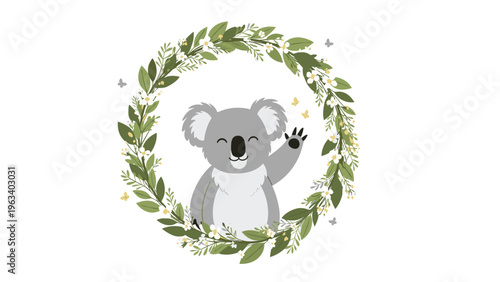 Adorable koala bear waving its hand happily while sitting inside a lush green leaf and flower wreath with small flying butterflies.