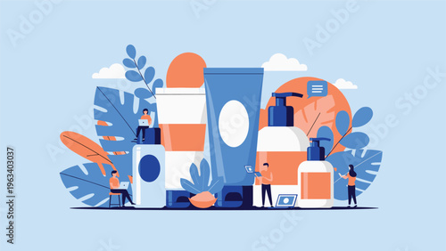 Beauty and skincare industry concept with people working around large bottles of lotion, shampoo, and cream.