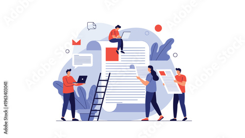 Team of office workers collaborating on a massive paper document with email icons and lightbulbs representing creative ideas and projects.