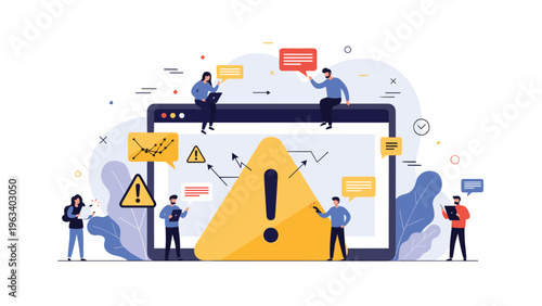 Concept of software developers and users dealing with system errors and warnings displayed on a large computer screen with alert icons.