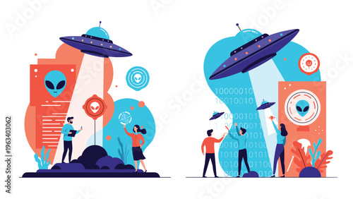 Science fiction scene showing unidentified flying objects and aliens interacting with people in a digital data environment with binary code.