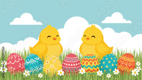 Two yellow baby chicks smiling happily behind a row of brightly decorated Easter eggs in a green field under a clear blue sky.