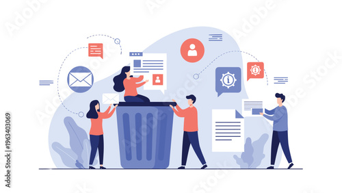 Group of people organizing and deleting digital files by throwing various document and social media icons into a large blue waste basket.