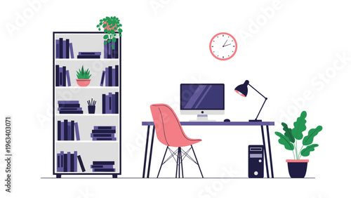 Minimalist home office workspace featuring a desk with computer monitor, pink chair, bookshelf full of books, clock, and green plants.