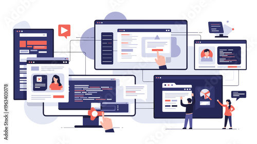 Complex web of interconnected computer screens and windows with various interfaces being managed by a team of digital professional workers.