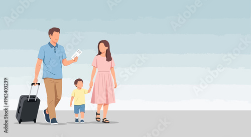 Family Traveling Together With Luggage and Tickets.