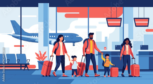 Family Traveling Together with Luggage at Airport.