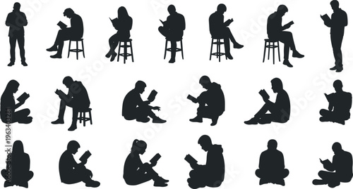 Black Silhouette Set of People Reading Books in Different Poses Including Sitting Standing Crouching and Resting on Stools or Floor