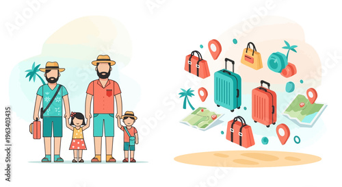 Family Vacation Travel and Luggage Illustration.