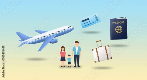 Family Vacation Travel Elements Airplane Suitcase Passport Ticket.