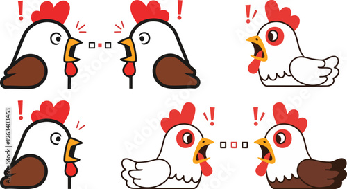 PrinCartoon collection of various chicken characters expressing surprise shock and loud vocal communication using exclamation marks and simple speech bubbles.t