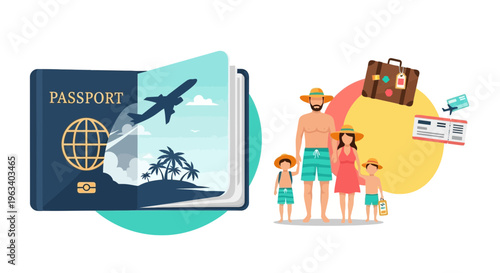 Family Vacation Travel Passport and Destination Illustration.