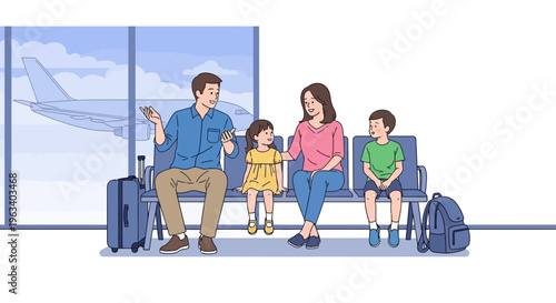 Family waiting at airport departure lounge for flight.
