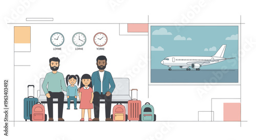 Family waiting at airport with luggage.