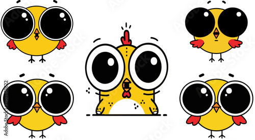 A delightful collection of five cute cartoon yellow chicks, all featuring large, expressive black eyes, with one central character adorably showing a surprised or shocked expression, perfect for playf