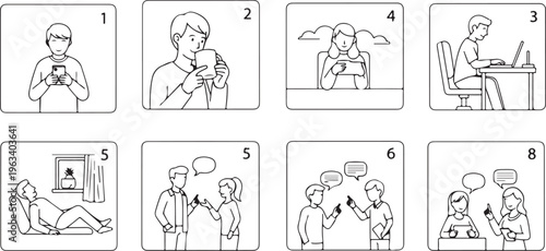 People Daily Life Activities Line Icon Set – Routine Lifestyle, Work, Shopping, Cooking, Sleep and Communication Vector