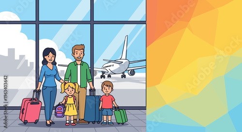 Family with luggage at airport ready for travel.