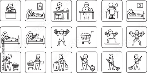 Line Icons Set of Daily Life Activities and People Routine Actions