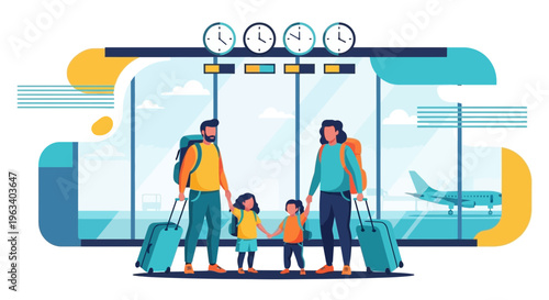 Family with luggage at airport terminal ready for travel.