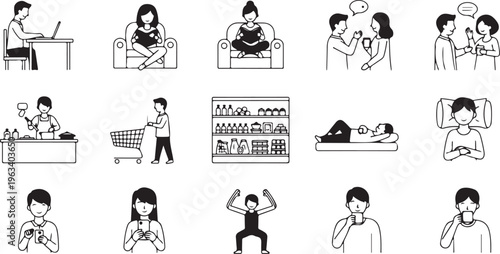 Daily Life Activities Line Icons Set – People Routine, Work, Fitness, Shopping and Home Lifestyle Vector Illustration