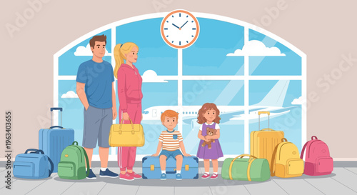 Family with luggage at airport waiting for flight 1.