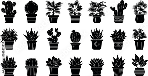 Set of black silhouette indoor plant icons including various cactus species succulents and tropical palms in decorative pots on white background