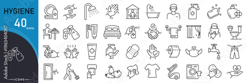 Hygiene related icon collections. Containing cleanliness, health, sanitation, soap, washing, protection, care, safety, germs, and hygiene icons. Outline icons.