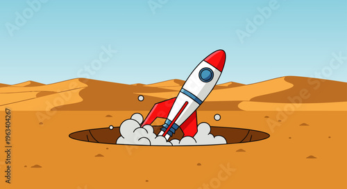 a cartoon rocket makes an unexpected launch from a desert hole symbolizing startup concept innovation and business growth.