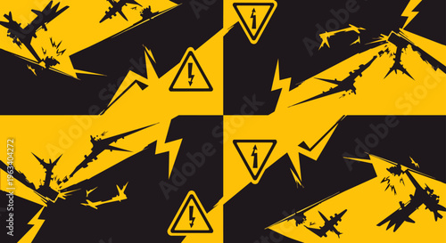 airplane crash and high voltage warning signs illustrate danger and aviation disaster a graphic representation of caution and risk.