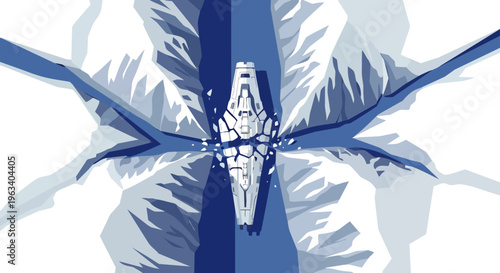 icebreaker ship breaking through arctic ice navigating a deep blue frozen channel symbolizing exploration power and determination.