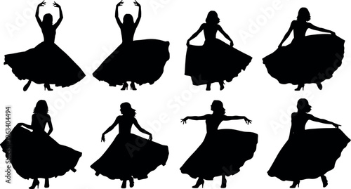 Set of eight female silhouettes dancing in long flowing dresses with elegant poses for creative design and performance art concepts.