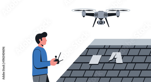 A man operates a drone to inspect a damaged dark grey tiled roof on a white background.