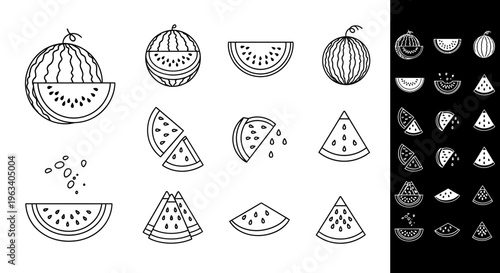 Watermelon Slice and Whole Fruit Line Art Icon Set