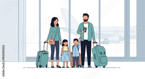 Happy family with luggage at airport ready for vacation.