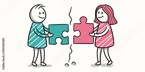 Two cartoon people holding puzzle pieces.