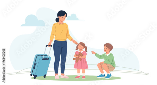 Mother and two children with suitcase ready for travel.