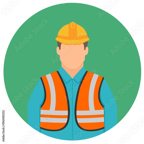 Flat vector illustration of a construction worker wearing a yellow hard hat and safety vest on a green circle background.
