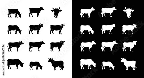 Set of Cow Silhouettes in Black and White