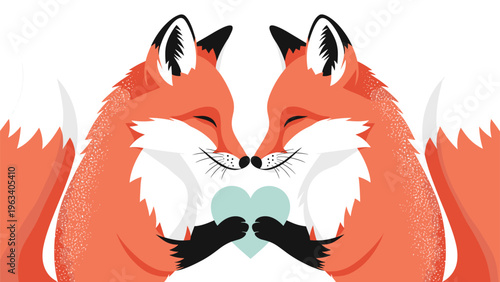 Two adorable orange foxes stand side by side holding a heart shaped object between them expressing love and deep affection.
