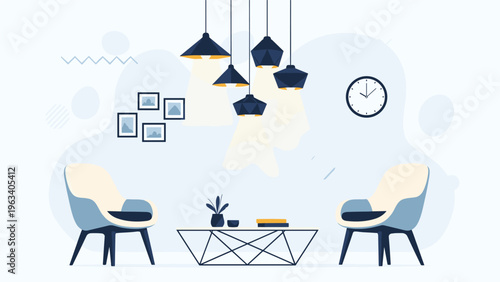 Modern and minimalist living room interior design featuring two stylish lounge chairs a geometric coffee table and pendant lamps.