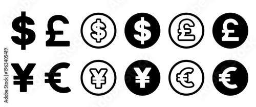 Minimal Currency Icon Set Dollar Yen Pound Euro Symbols Black White Flat Design Financial Icons Editable High Resolution