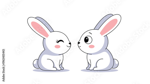Pair of cute white bunnies face each other with sweet facial expressions and rosy cheeks on a clean minimalist white background.