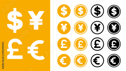 Currency Symbol Icon Set Dollar Yen Pound Euro Collection Modern Flat Design Financial Icons Editable High Resolution Commercial Use