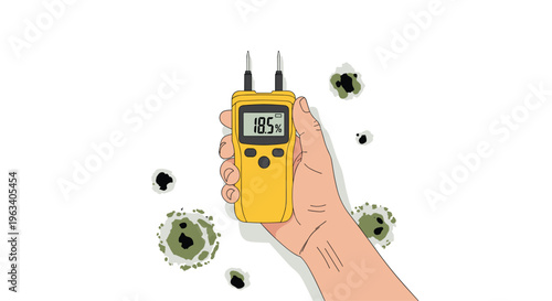 A hand holds a yellow digital moisture meter displaying 18.5 amidst various black and green mold spots on a white background.