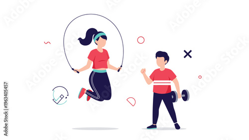 Home fitness and exercise scene featuring a woman jumping rope and a man lifting a dumbbell to maintain a healthy lifestyle.