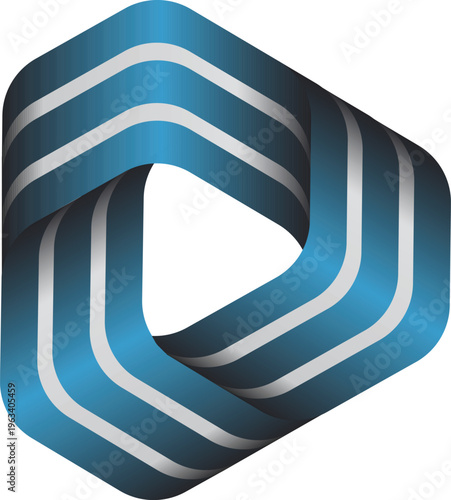 Abstract three dimensional infinity triangle logo design with blue gradient stripes and metallic silver accents on white space.