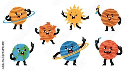 Collection of cute cartoon characters representing the planets of our solar system with happy faces and expressive gestures.