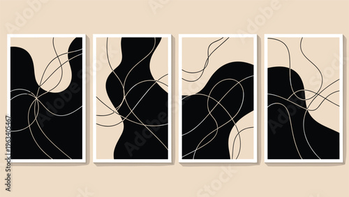 Set of four abstract vertical posters featuring black organic shapes and fine flowing lines in a minimalist and modern art style.