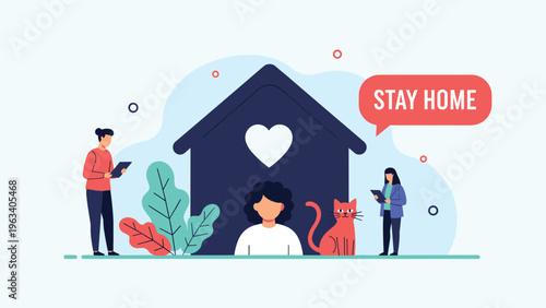 Stay home health awareness campaign showing people working remotely and relaxing with a pet cat inside a symbolic house outline.